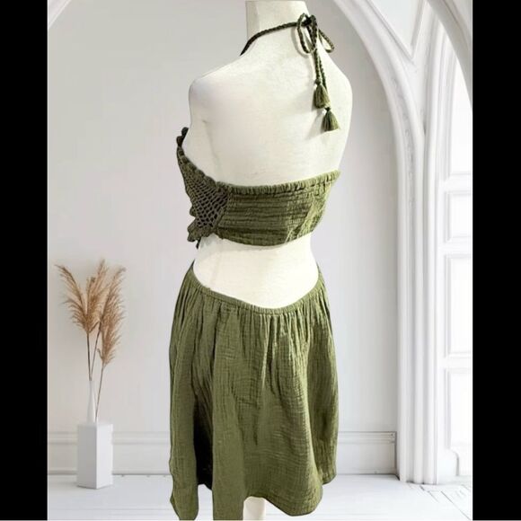 Aerie Pool To Party Boho Olive Green Crochet Halter Mini Cottagecore Dress Sz M - Picture 6 of 11